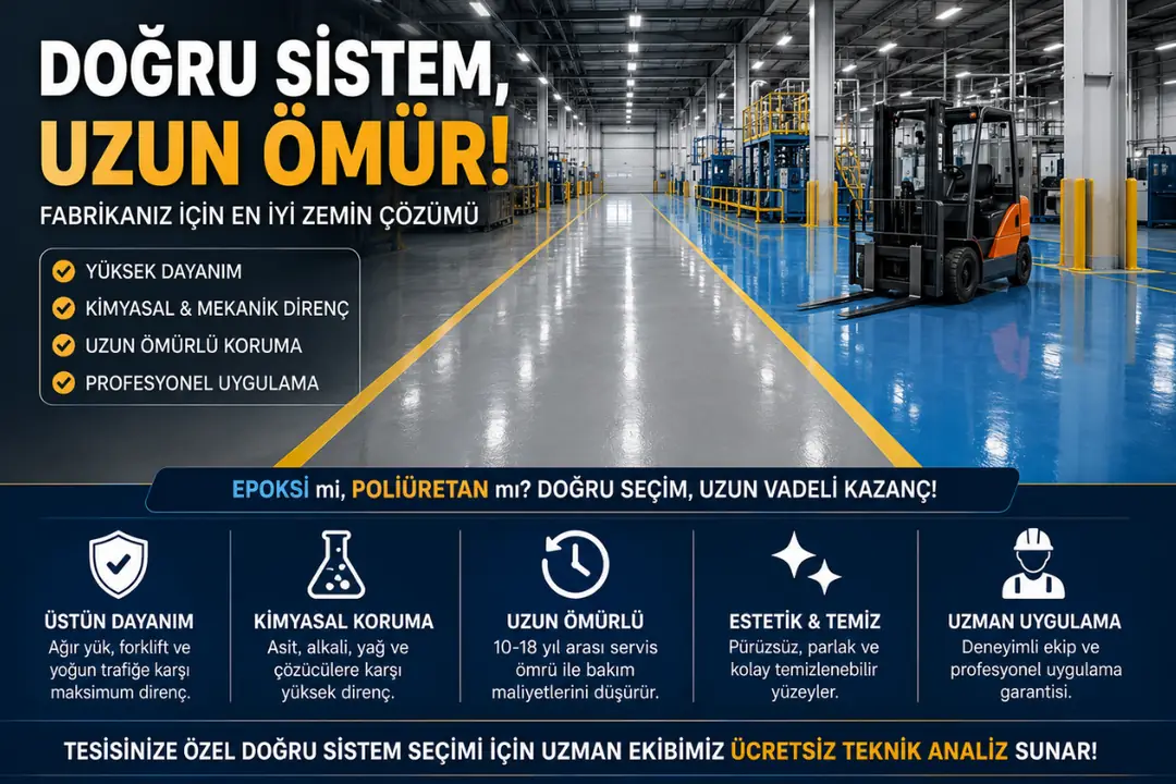 Profesyonel epoksi ve poliüretan zemin uygulaması tamamlanmış fabrika alanı&nbsp;