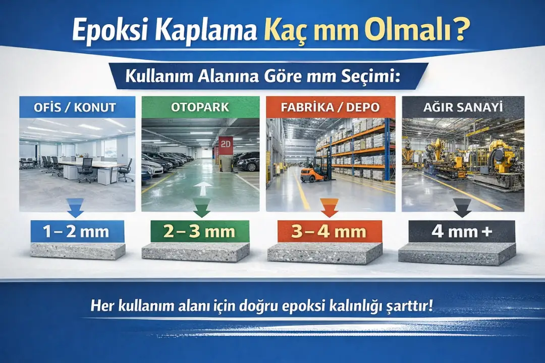 Ofis, otopark ve fabrika zeminleri için kullanım alanına göre epoksi kaplama mm önerileri&nbsp;