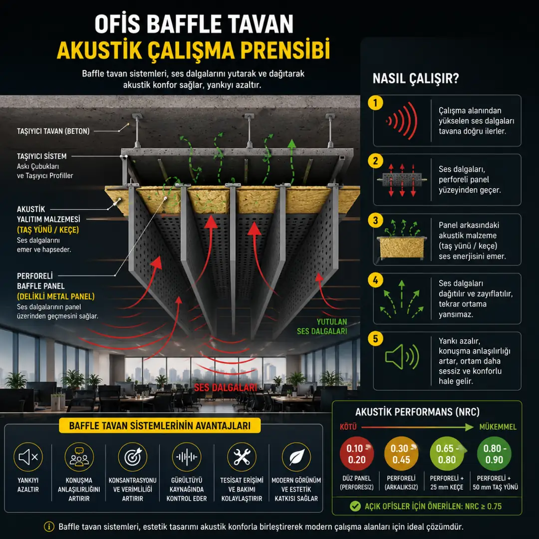 Perforeli ofis baffle tavanın ses yutma çalışma prensibi teknik kesiti&nbsp;