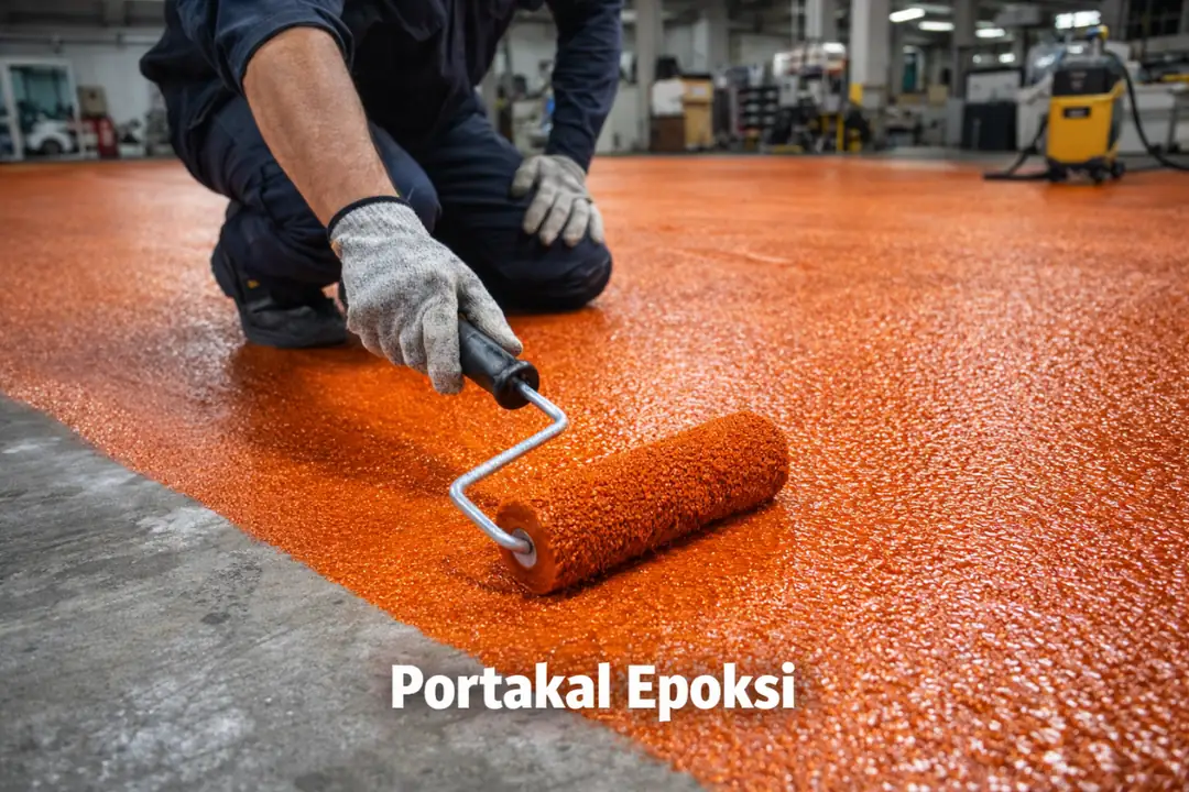 Portakal epoksi uygulaması yapan usta dokulu rulo ile kaymaz yüzey oluşturma işlemi