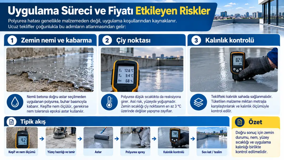 Polyurea kaplama uygulamasında zemin nemi, çiy noktası, kalınlık kontrolü ve uygulama aşamaları.