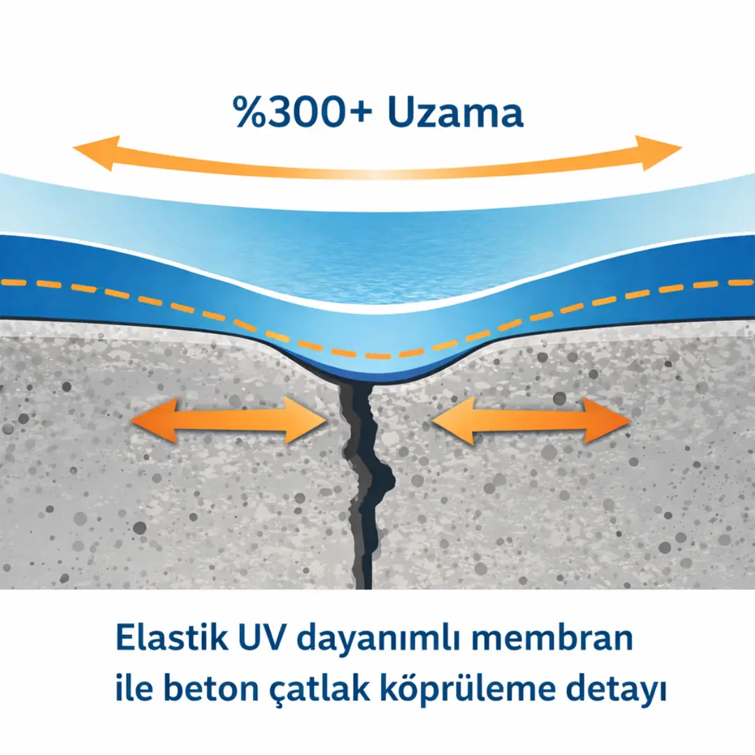 Elastik UV dayanımlı membran ile beton çatlak köprüleme detayı