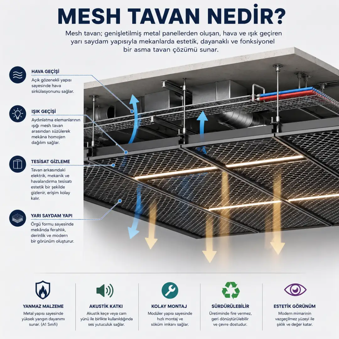 Mesh tavan sisteminin hava geçirgenliği, ışık geçişi ve tesisat gizleme özelliklerini gösteren teknik şema&nbsp;