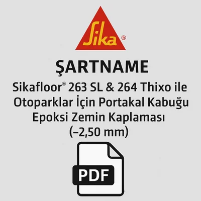 Sikafloor 263 SL & 264 Thixo portakal kabuğu epoksi zemin kaplaması şartname PDF kapak görseli – Sika logolu – 2025 Dek-Mar