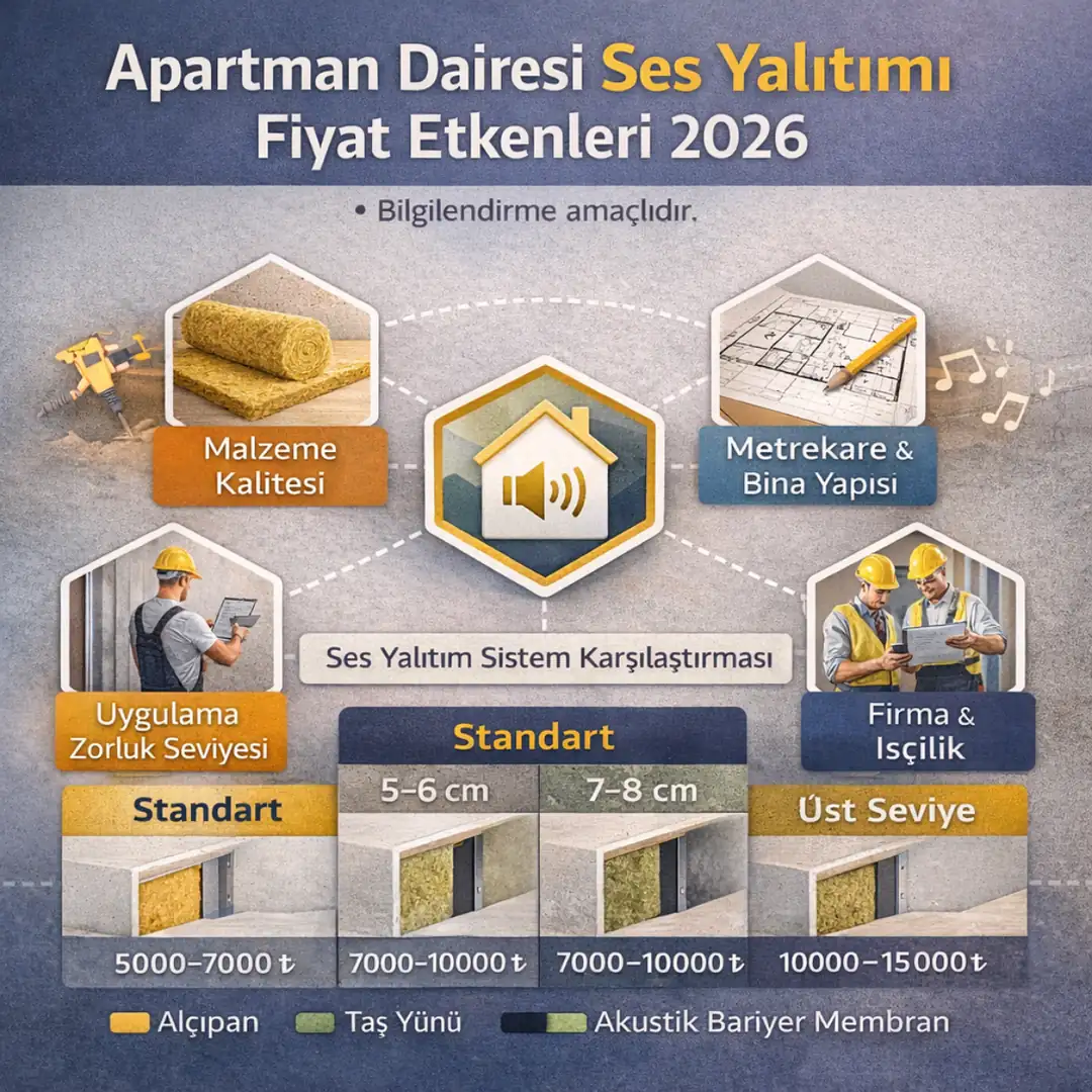 Apartman dairesi ses yalıtımı fiyatlarını etkileyen faktörler ve sistem karşılaştırma infografiği