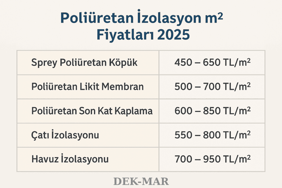 Poliüretan izolasyon 2025 güncel m2 fiyat tablosu: sprey köpük, likit membran, son kat, çatı ve havuz uygulamaları. 