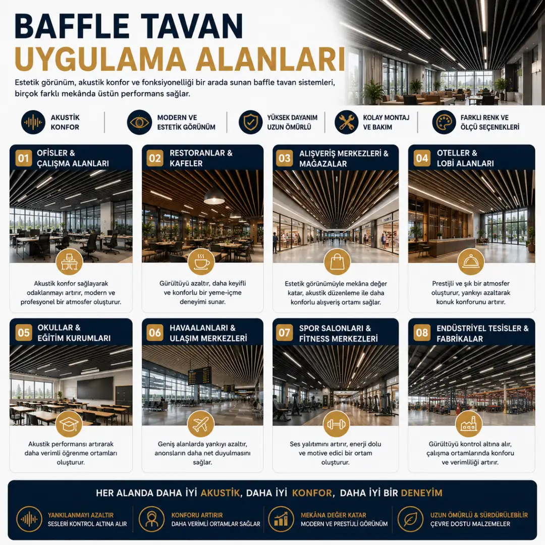 Ofis, AVM, restoran ve otellerde kullanılan baffle tavan uygulamaları