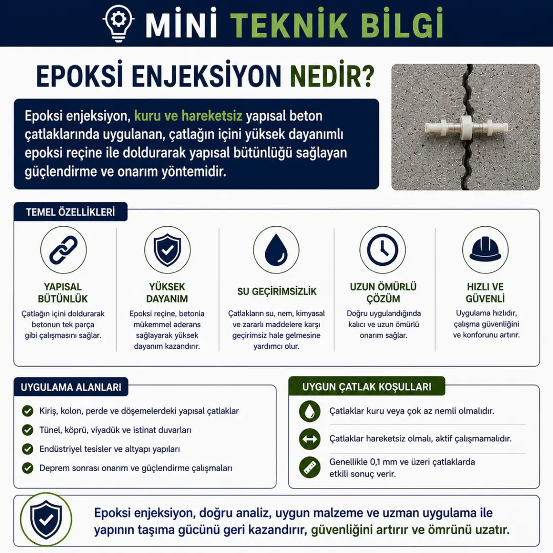 Epoksi enjeksiyon kuru ve hareketsiz yapısal beton çatlaklarında kullanılan güçlendirme yöntemidir&nbsp;