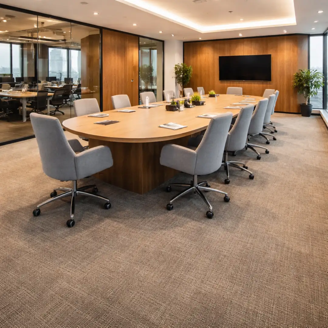 rulo halı kaplama uygulanmış toplantı salonu zemin görünümü&nbsp;