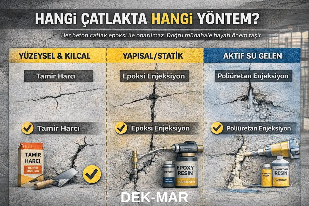 Beton çatlak tipine göre doğru onarım yöntemi – kılcal çatlakta tamir harcı, yapısalda epoksi, aktif suda poliüretan&nbsp;
