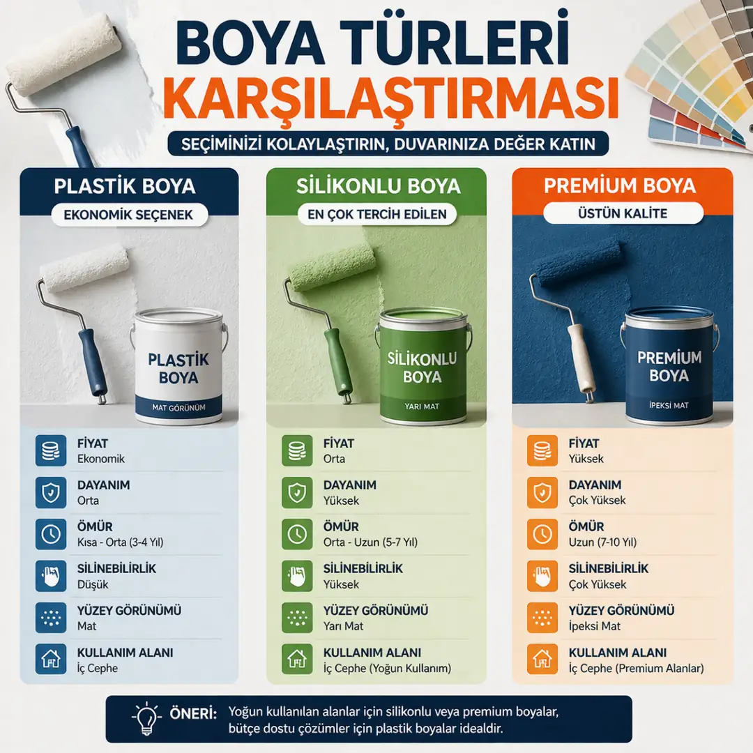 plastik silikonlu ve premium boya türleri karşılaştırması duvar kaplama kalite ve maliyet farkları&nbsp;