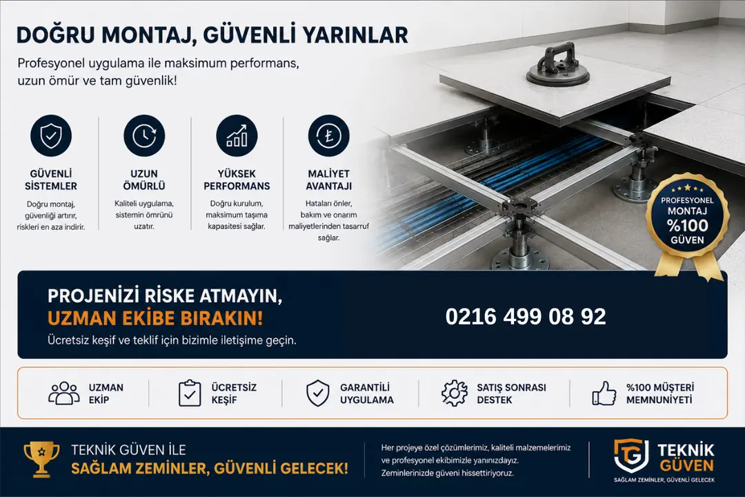 Profesyonel yükseltilmiş döşeme sistemi uygulanmış modern ofis alanı