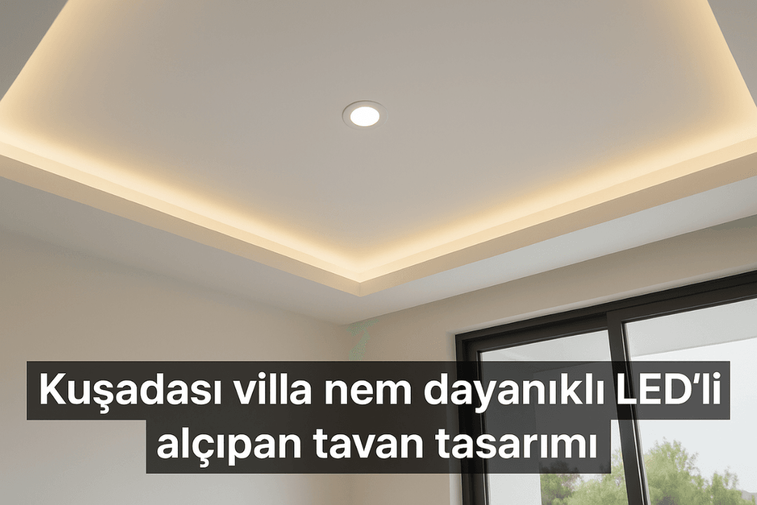 Kuşadası'nda yazlık villalar için nem dayanıklı, LED aydınlatmalı modern alçıpan tavan tasarımı – estetik ve uzun ömürlü çözüm. 