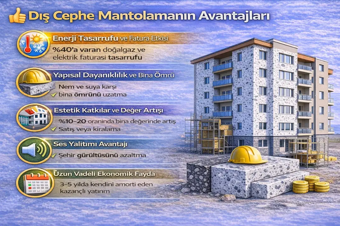 Dış cephe mantolamanın avantajları; enerji tasarrufu, bina ömrünü uzatma, estetik cephe, ses yalıtımı ve ekonomik faydalar