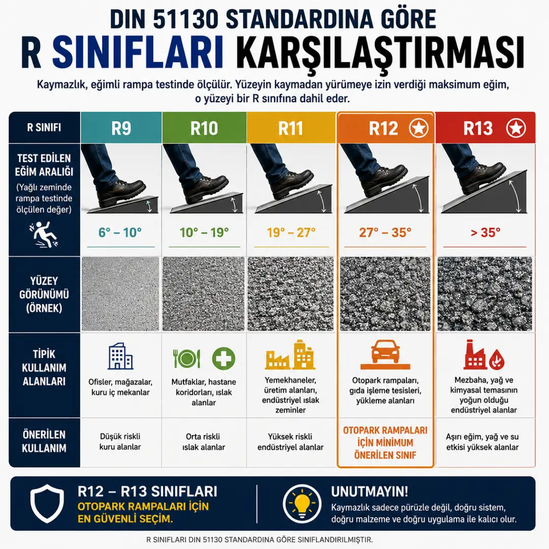 DIN 51130 R9 R13 kaymazlık sınıfları karşılaştırması&nbsp;