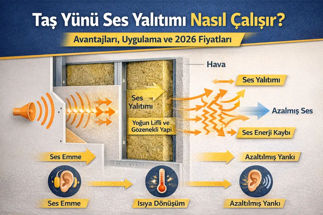 Taş yünü ses yalıtımı çalışma prensibi, ses dalgalarının emilimi ve akustik performans şeması