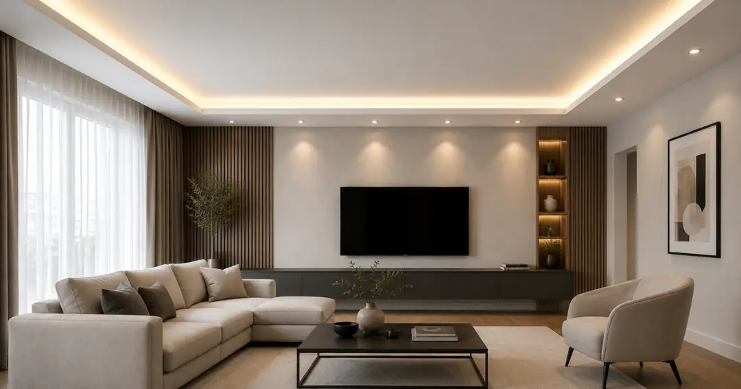 Sade oturma odasında gizli LED aydınlatmalı modern alçıpan asma tavan modeli&nbsp;