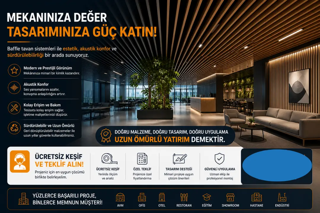 Baffle tavan uygulaması sonrası modern mekan ücretsiz keşif teklif&nbsp;