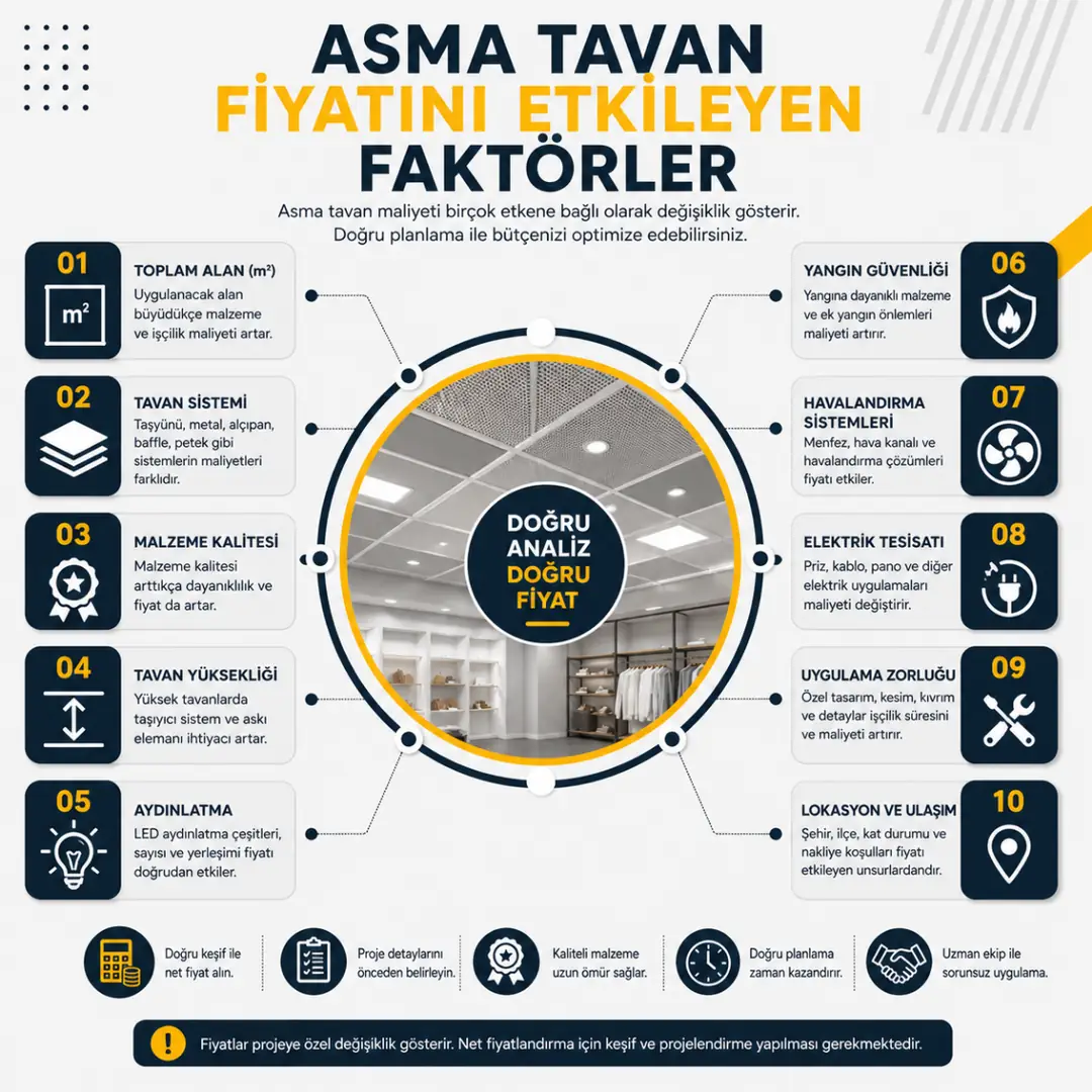 Asma tavan fiyatını etkileyen faktörler metrekare malzeme işçilik aydınlatma ve tavan yüksekliği&nbsp;