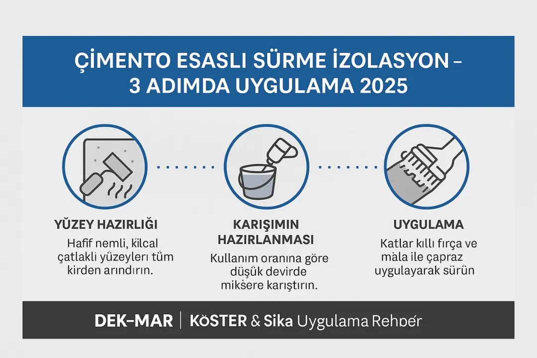Çimento esaslı sürme izolasyon uygulama adımları 2025 – Dek-Mar İnşaat KÖSTER Sika profesyonel su yalıtımı rehberi.