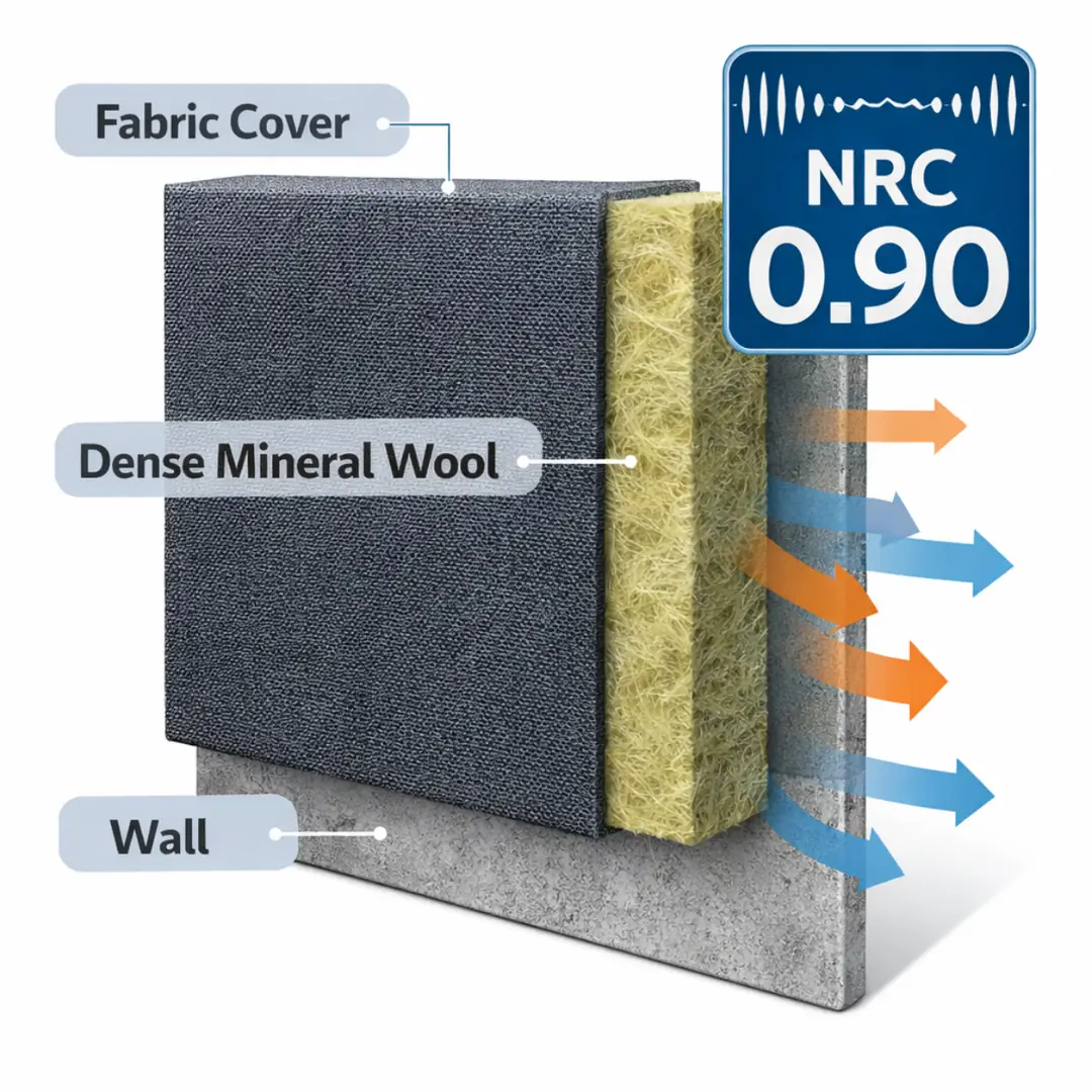 Taşyünü akustik panel katman kesiti ve ses yutma performansı gösterimi