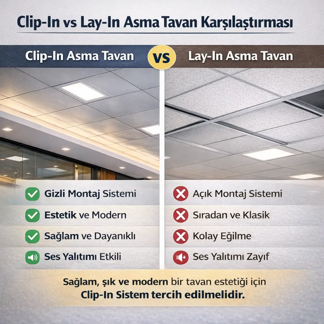 Clip-in asma tavan ile lay-in tavan sistemi karşılaştırma farkları&nbsp;