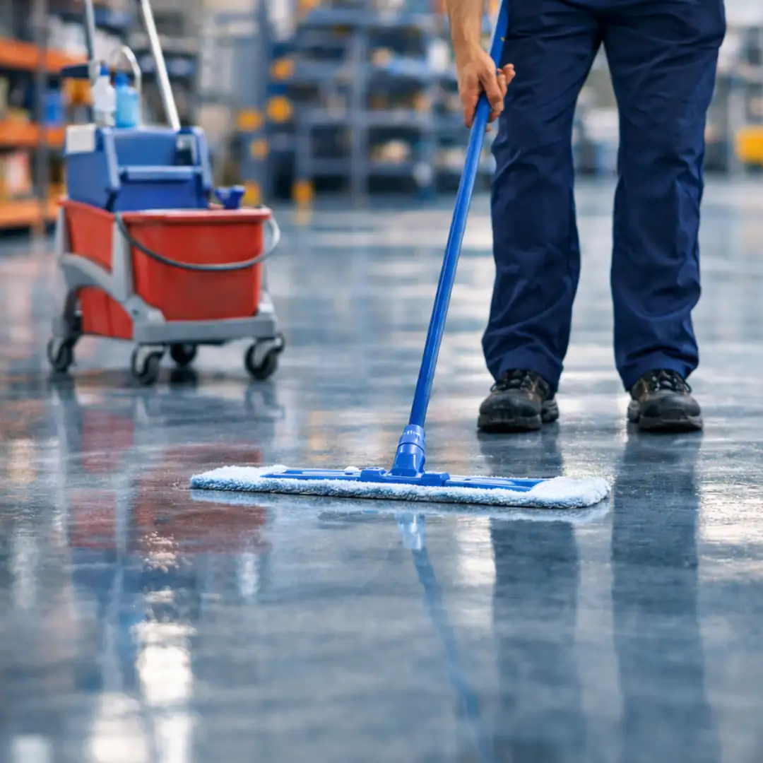 epoksi zemin temizliği mop ve nötr deterjan ile temizlik uygulaması