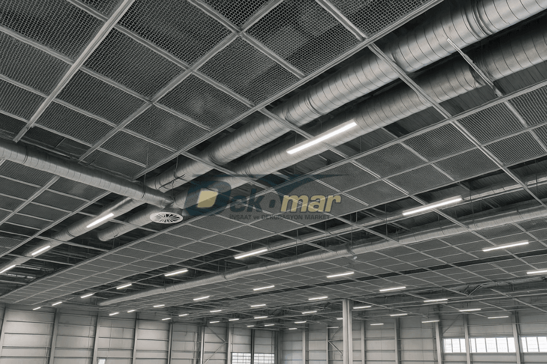 Genişletilmiş metal mesh tavan sistemi, yüksek tavanlı fabrikada havalandırma ve aydınlatma kanallarıyla birlikte uygulanmış halde. 