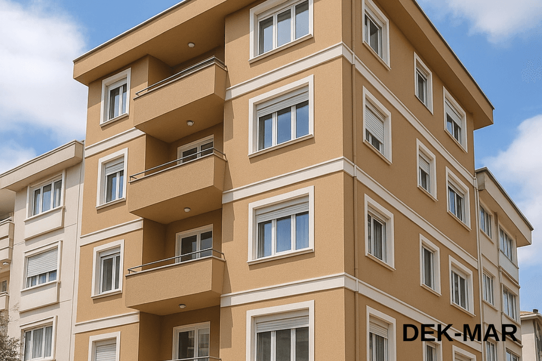 Dek-Mar İnşaat tarafından tamamlanmış apartman dış cephe mantolama referans projesi.