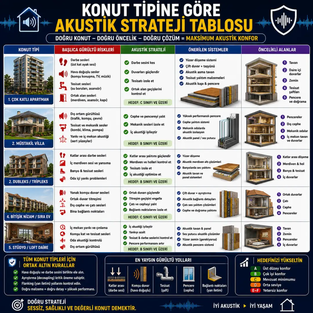 Konut tipine göre ses yalıtımı öncelikleri, akustik problemler ve önerilen sistemlerin yer aldığı akustik strateji tablosu.&nbsp;