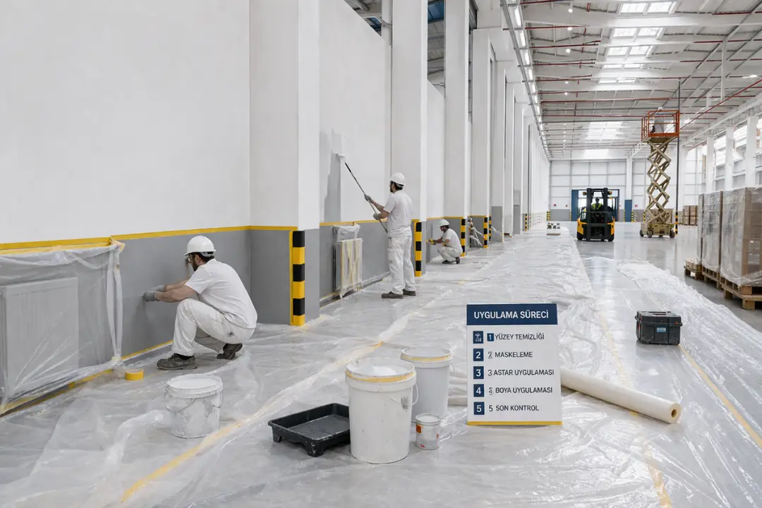Endüstriyel depo boyama öncesi zemin koruma ve maskeleme işlemleri yapılan uygulama süreci saha görüntüsü&nbsp;
