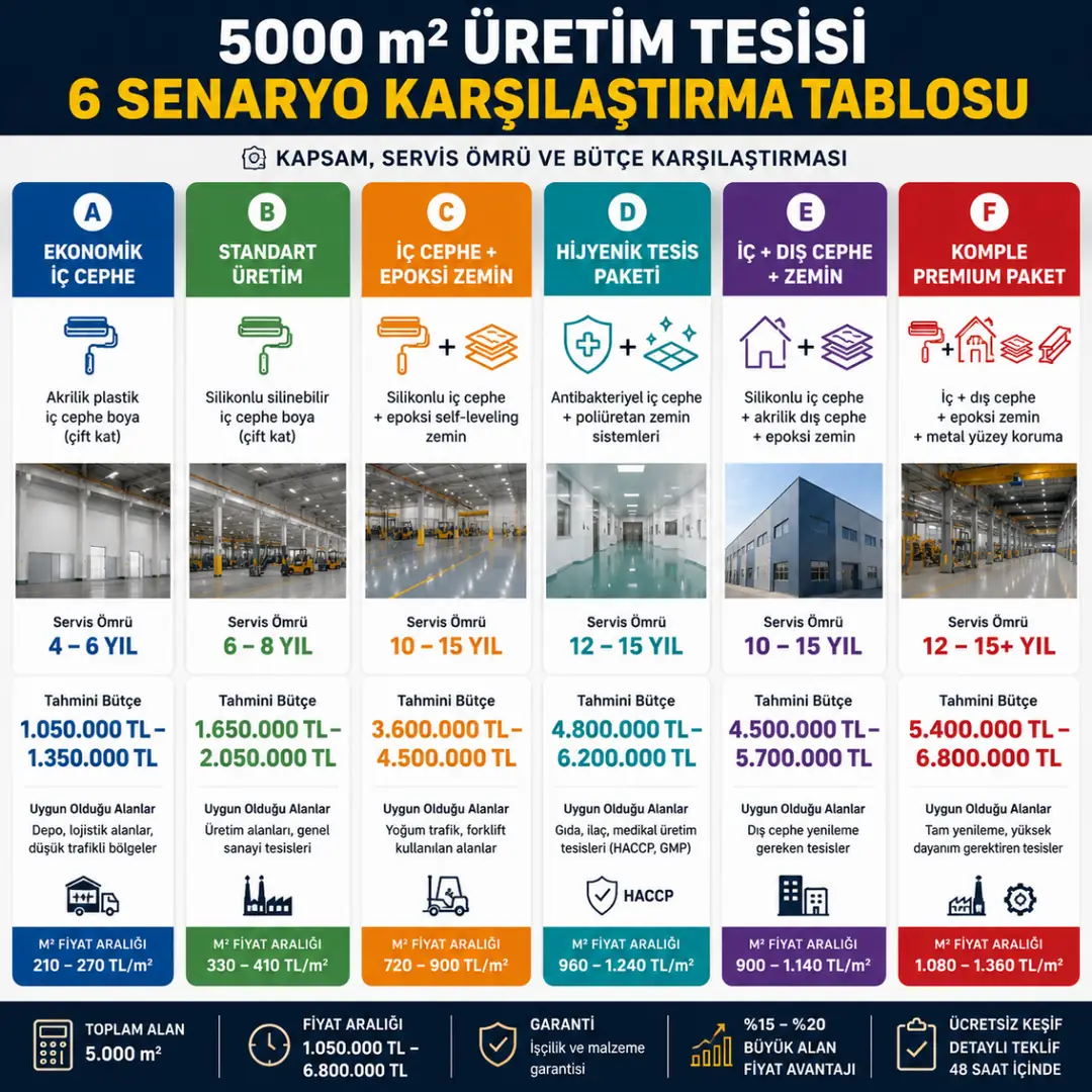 5000 m2 üretim tesisi boyama senaryoları karşılaştırması ekonomik standart premium sistemler&nbsp;