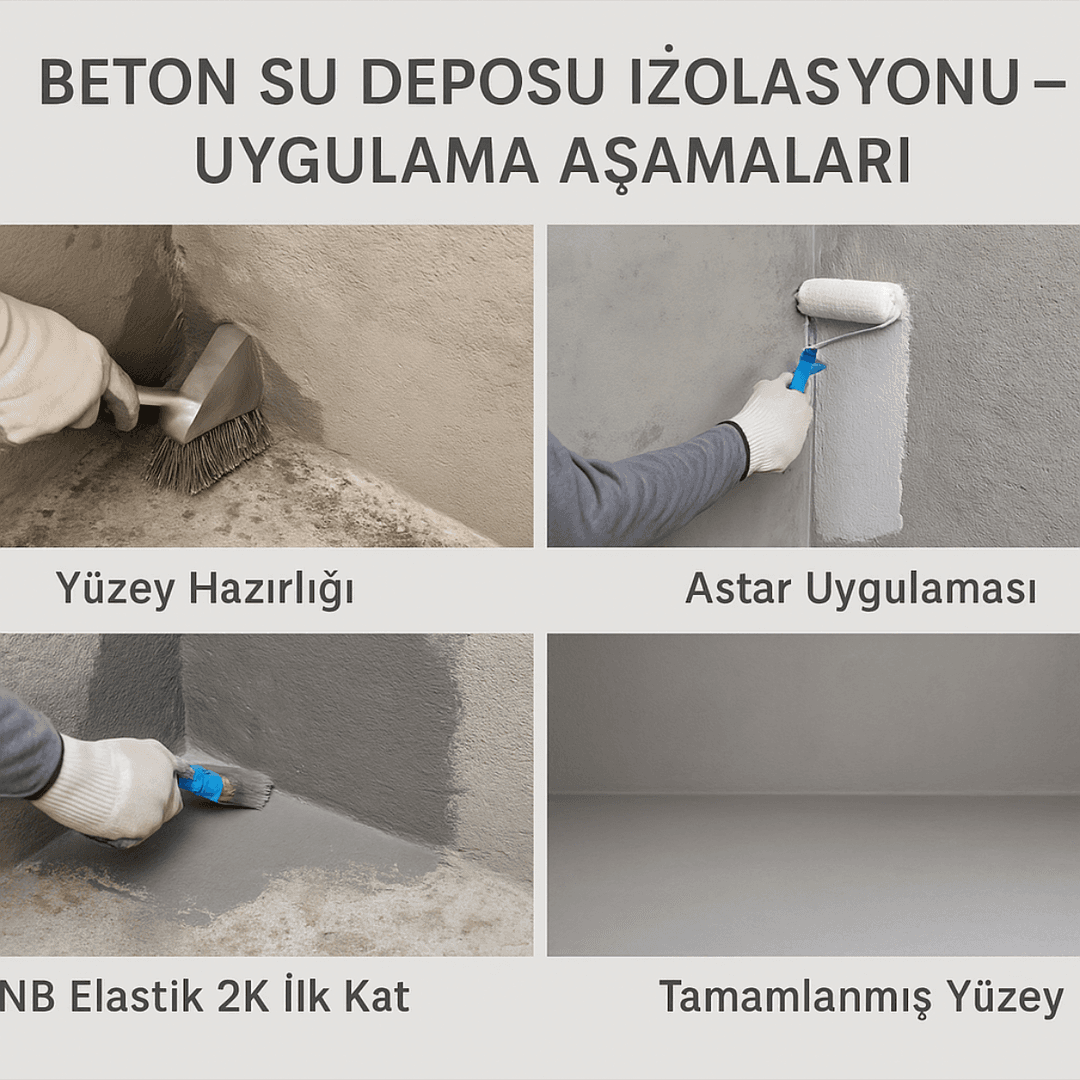 Beton su deposu izolasyonu uygulama adımları: yüzey hazırlığı, astar, NB Elastik 2K kaplama, kürleme.