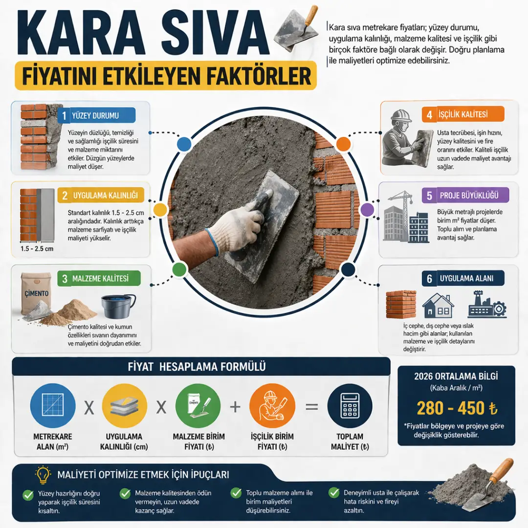 Kara sıva metrekare fiyatını etkileyen işçilik, yüzey durumu ve uygulama kalınlığı gibi faktörleri gösteren infografik