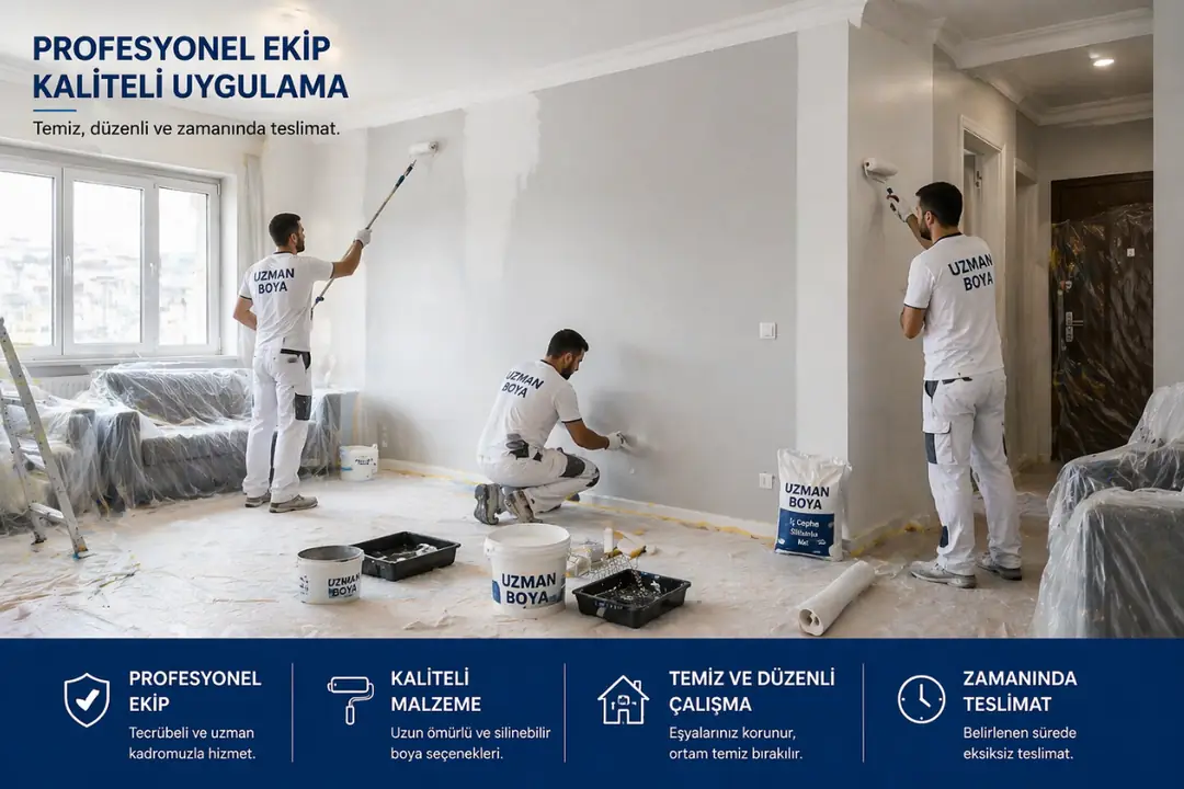 Profesyonel ekip ile ev boyama uygulama süreci saha görüntüsü&nbsp;