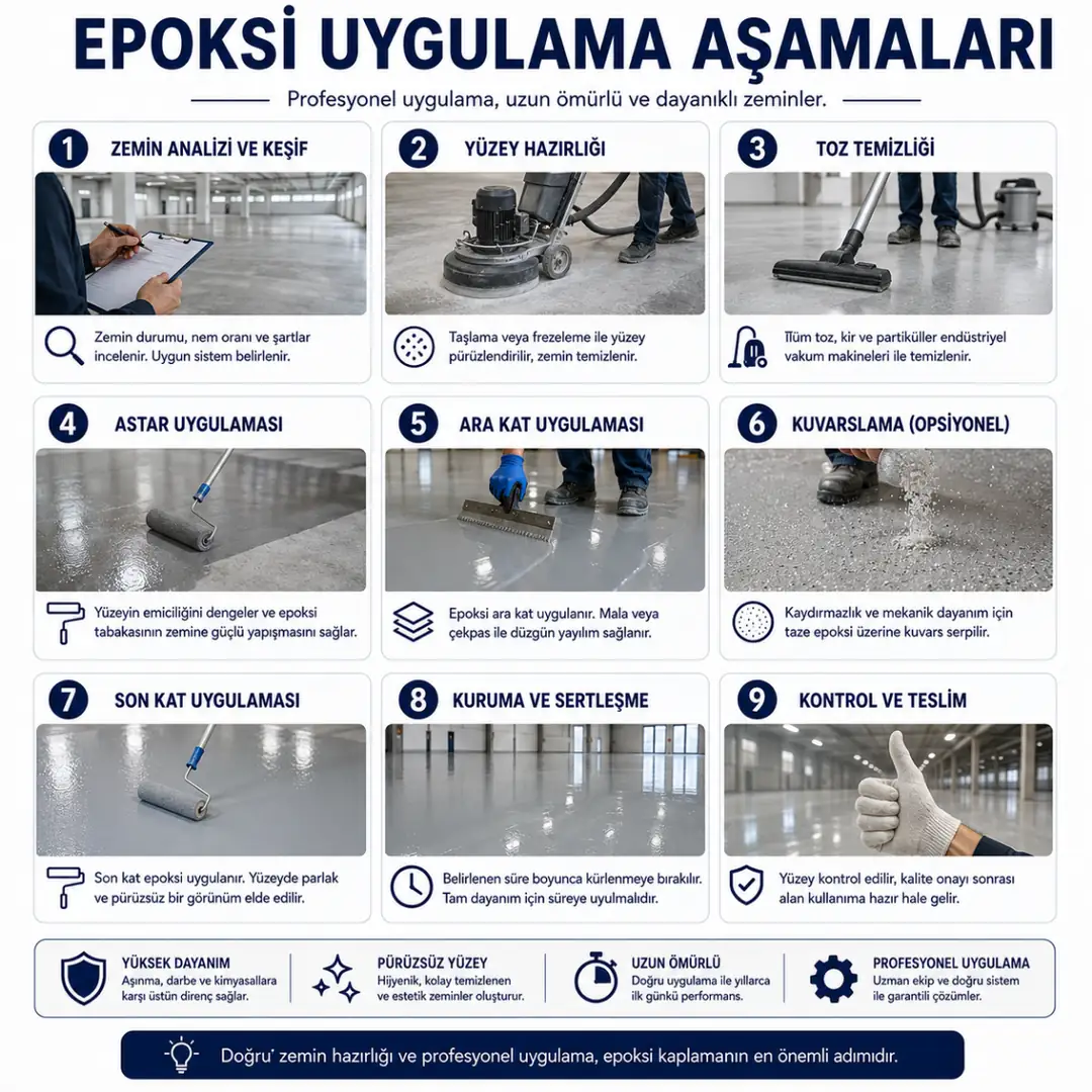 Epoksi zemin kaplama uygulama aşamaları; zemin hazırlığı, astar, ara kat, son kat ve kürlenme süreci şeması&nbsp;