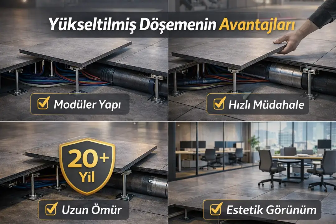 Yükseltilmiş döşemenin avantajları modüler yapı hızlı müdahale uzun ömür estetik&nbsp;