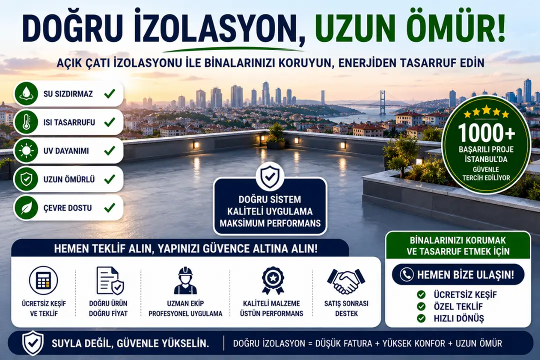 Uzun ömürlü açık çatı izolasyonu uygulanmış su geçirmez modern teras çatı görünümü&nbsp;