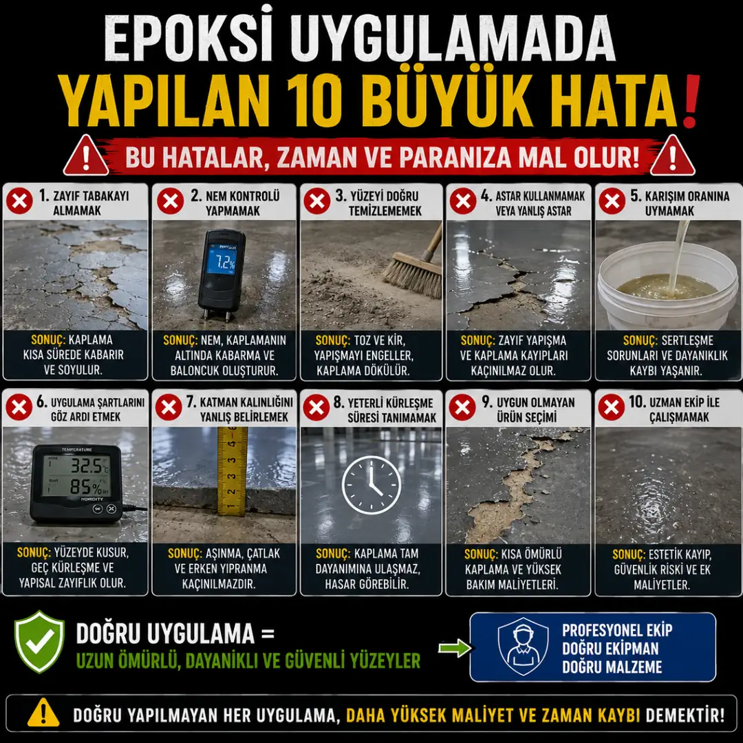 Yetersiz yüzey hazırlığı nedeniyle bozulan epoksi kaplama örnekleri&nbsp;