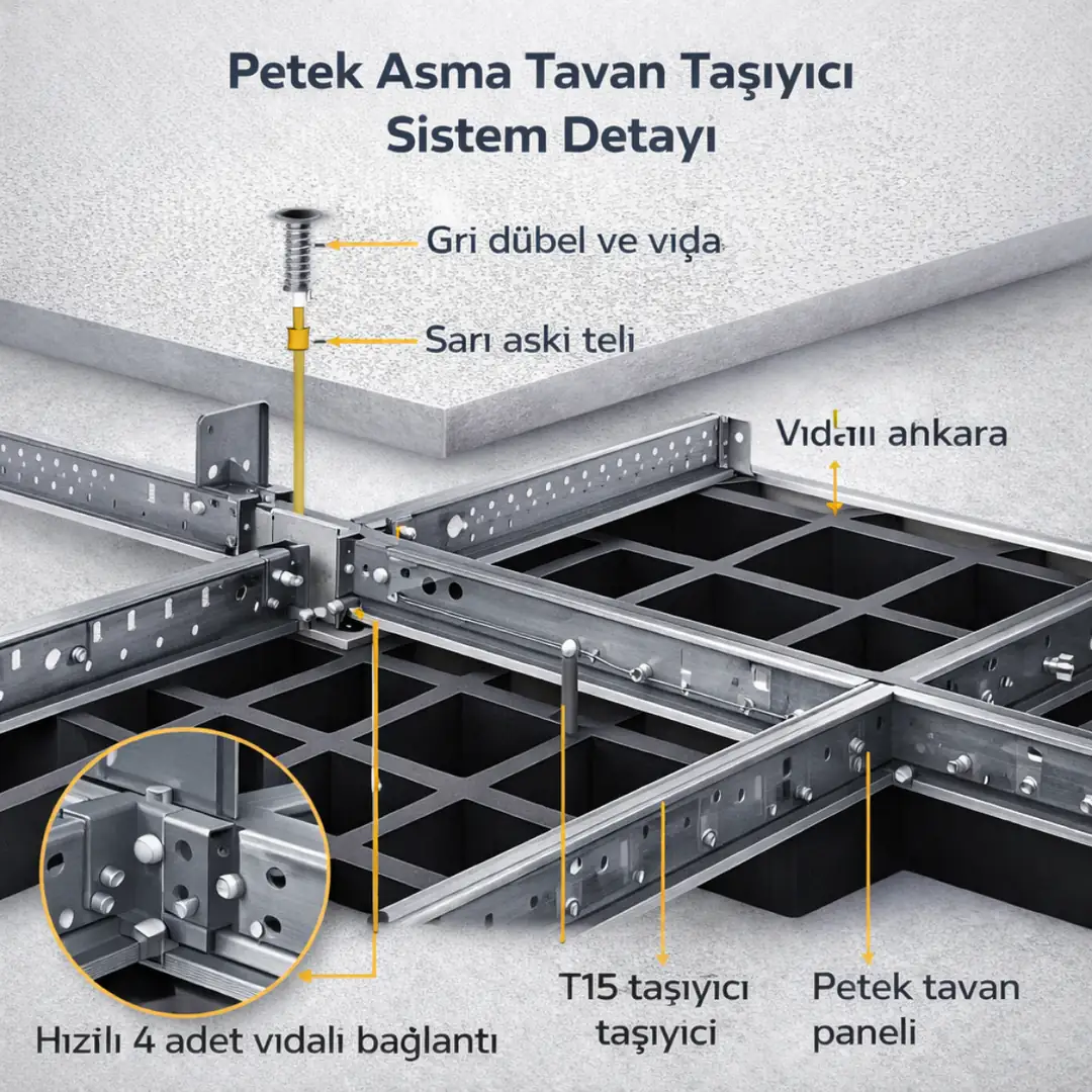 Petek asma tavan taşıyıcı sistem T15 detay bağlantı ve askı sistemi teknik çizim&nbsp;