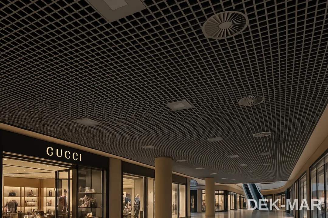 AVM iç mekânında modern petek asma tavan uygulaması, LED aydınlatma ve havalandırma entegrasyonu.
