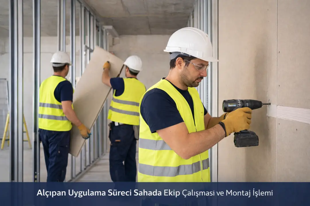 Alçıpan uygulama süreci sahada ekip çalışması ve montaj işlemi