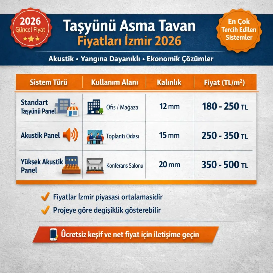 İzmir taşyünü asma tavan fiyatları 2026 m2 fiyat tablosu akustik ve yangına dayanıklı sistemler karşılaştırması