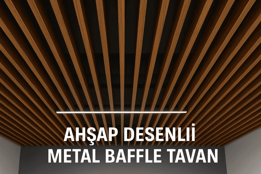Ahşap desenli Baffle Asma Tavan Adana projelerinde estetik görünüm ve akustik performans için ideal tavan çözümüdür. 