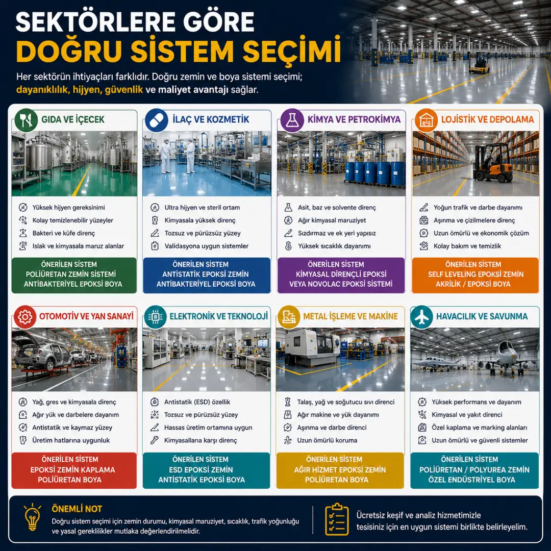 Gıda ilaç lojistik otomotiv fabrikaları için uygun boya ve zemin sistemi seçimi