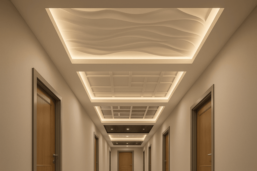 LED aydınlatmalı modern koridor asma tavan tasarımı, şık ve estetik görünümüyle iç mekân dekorasyonuna değer katar. 