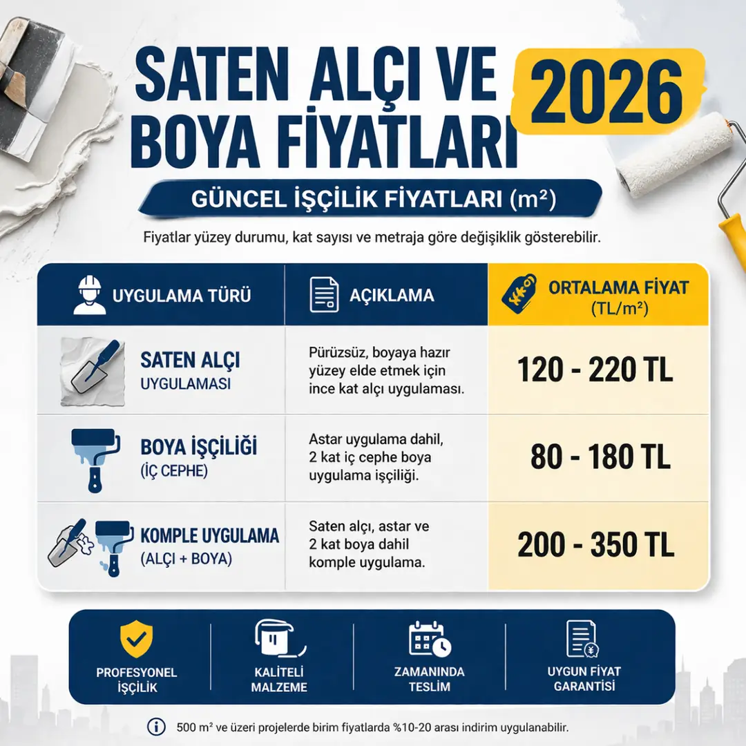 Saten alçı ve boya işçilik fiyatları 2026 metrekare bazlı güncel maliyet tablosu ve uygulama türlerine göre fiyat karşılaştırması&nbsp;