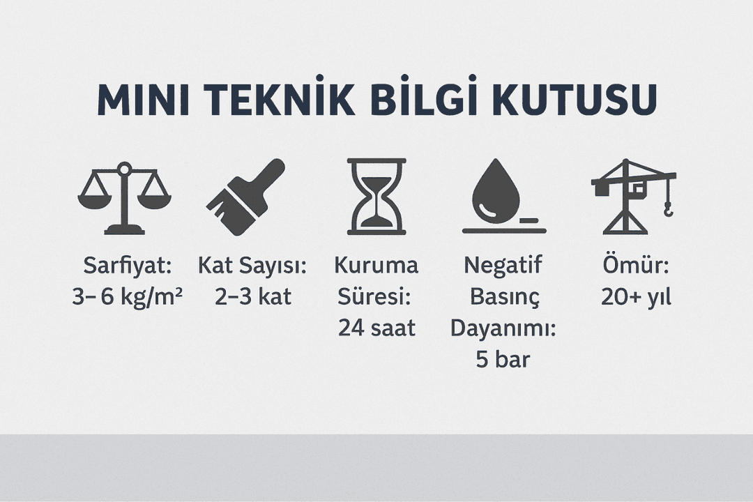 Bodrum ve temel su yalıtımı teknik bilgileri – Deuxan 2K sistem sarfiyat, kat sayısı, dayanım ve ömür değerleri.