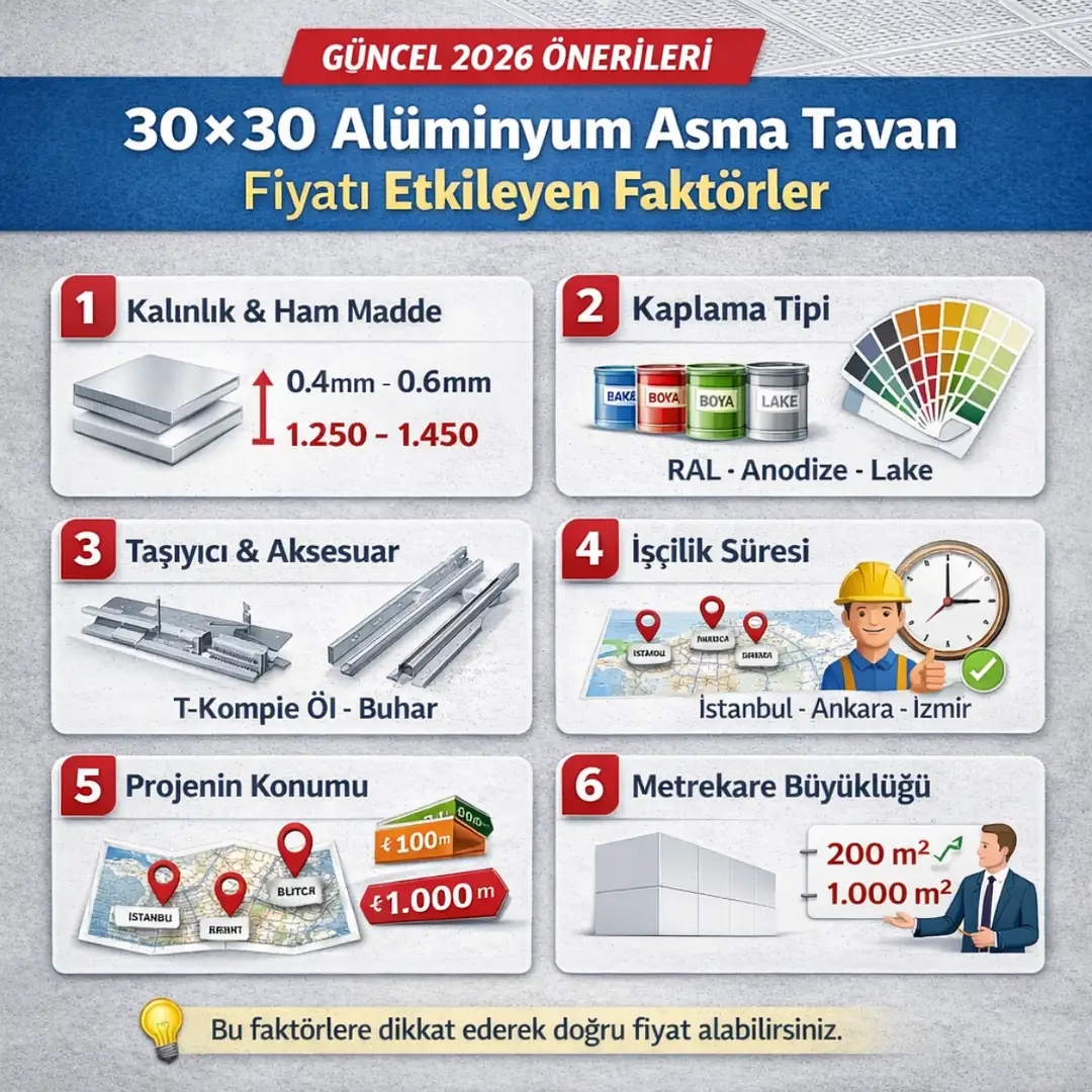 asma tavan fiyatını etkileyen faktörler 2026 panel kalınlığı işçilik malzeme kalite ve uygulama maliyetleri infografik