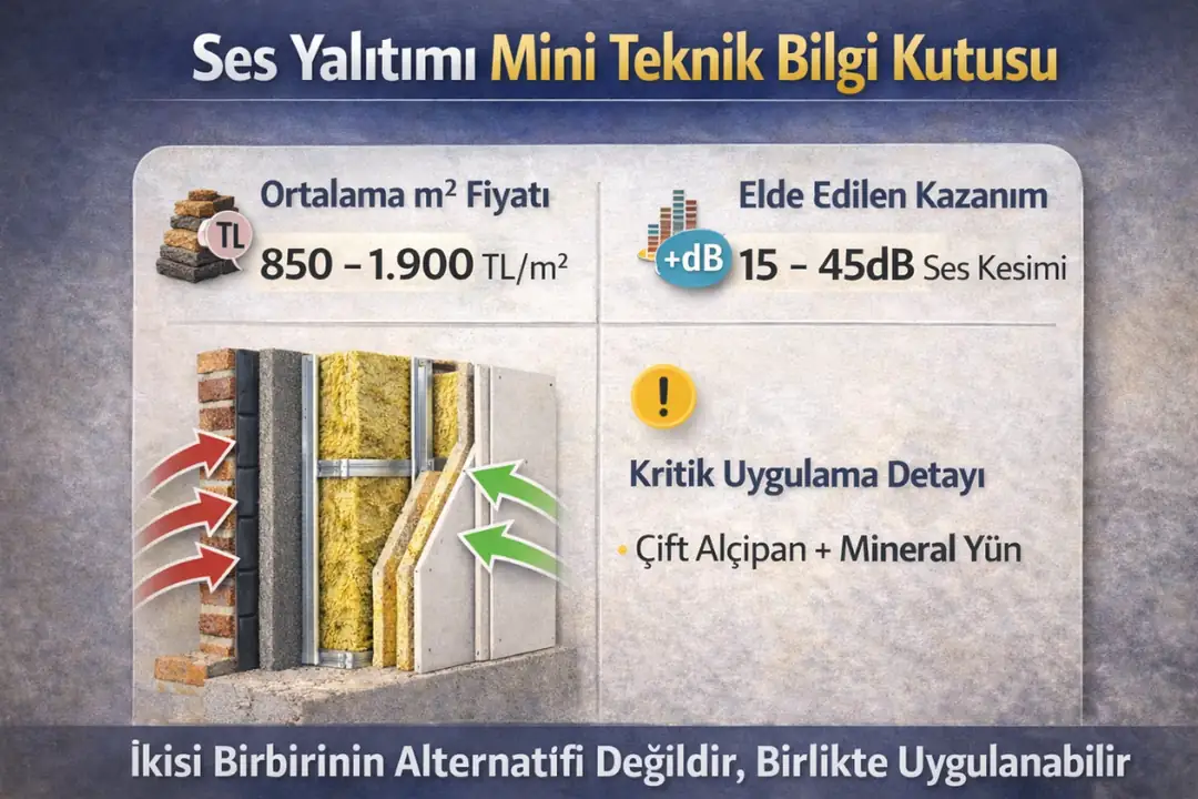 ses yalıtımı m2 fiyatları ve performans değerleri mini teknik bilgi kutusu